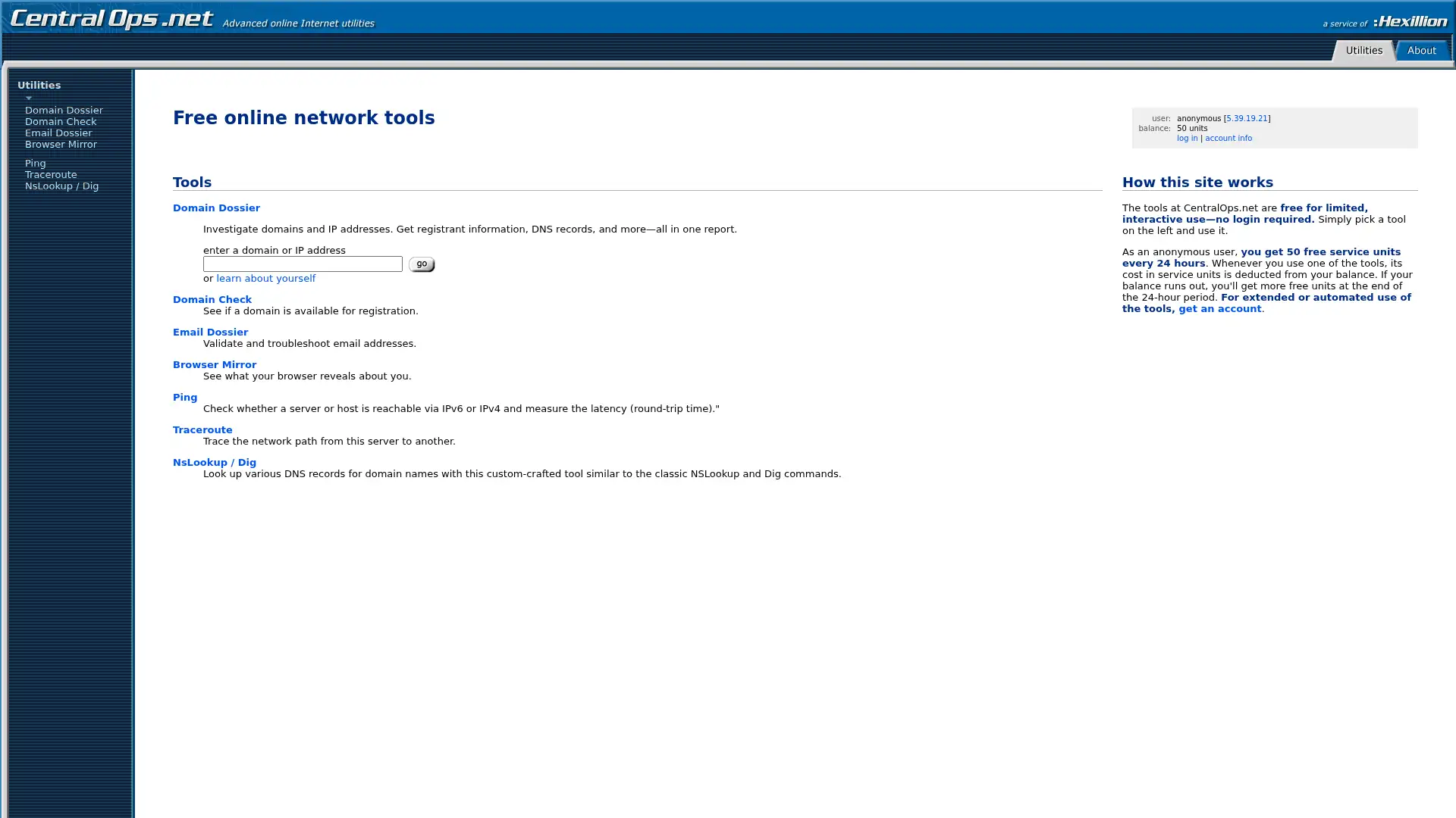 centralops.net screenshot