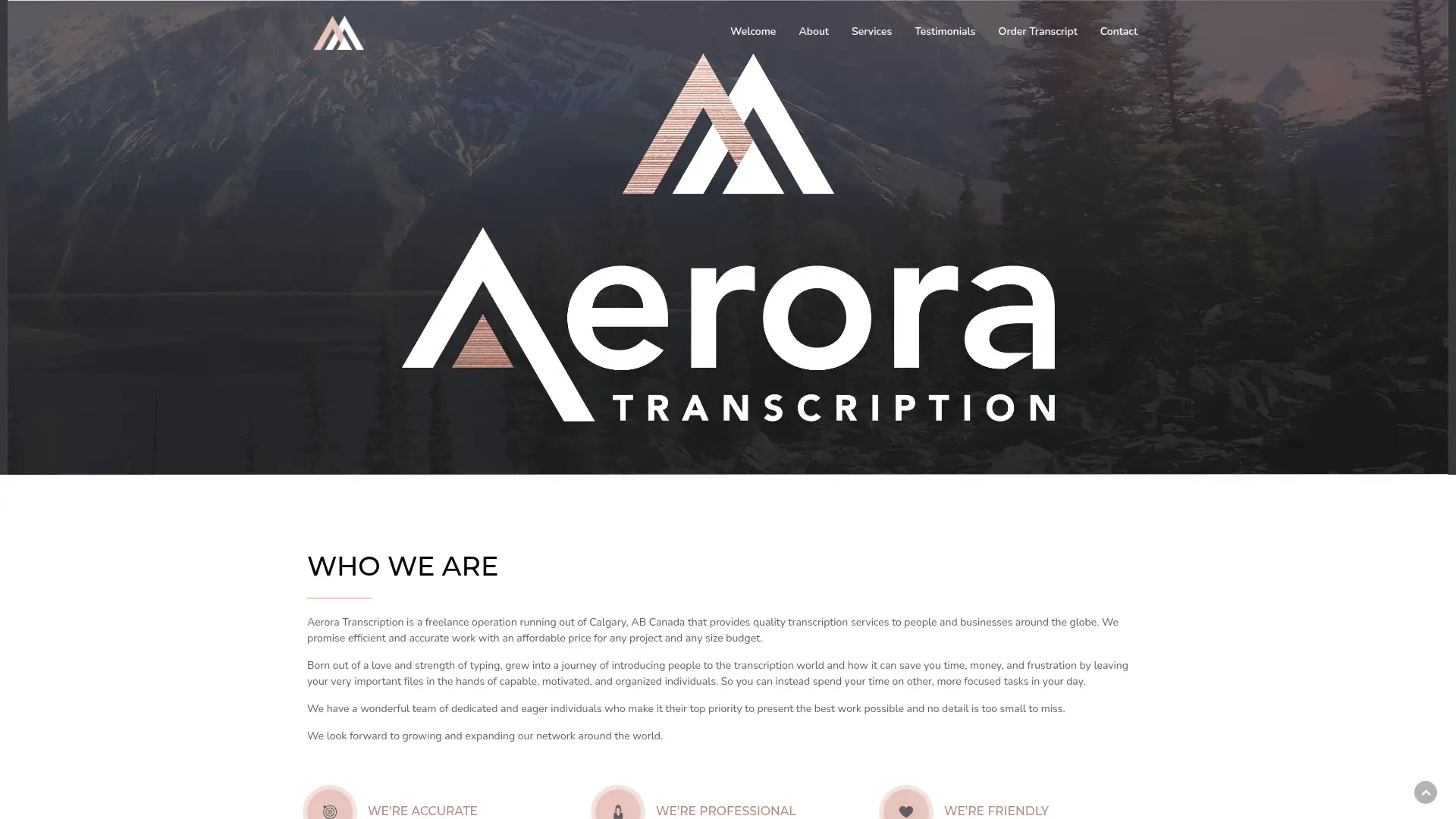 aeroratranscription.com screenshot